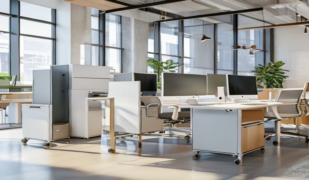 Archiveros móviles para oficinas modernos y funcionales en un entorno de oficina luminoso y contemporáneo.