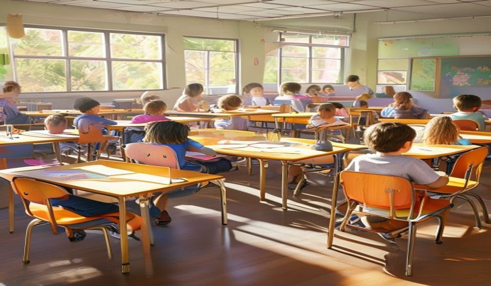 Niños en un aula moderna con mobiliario escolar programa escuela es nuestra, incluyendo mesas binarias de polipropileno.